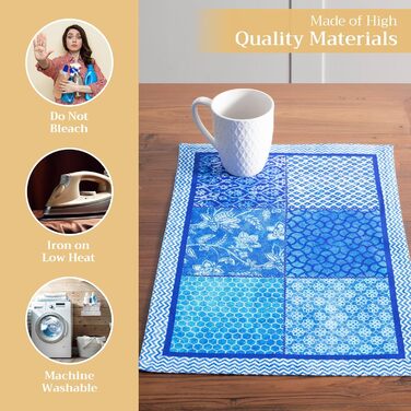 Бавовняні килимки для серветок, набір з 4 шт. , декоративні килимки для серветок, пасхальні килимки, що миються, для свят, вечерь, весни, літа (33 см x 48 см) (021 - Indigo Love), 39Hermine 100