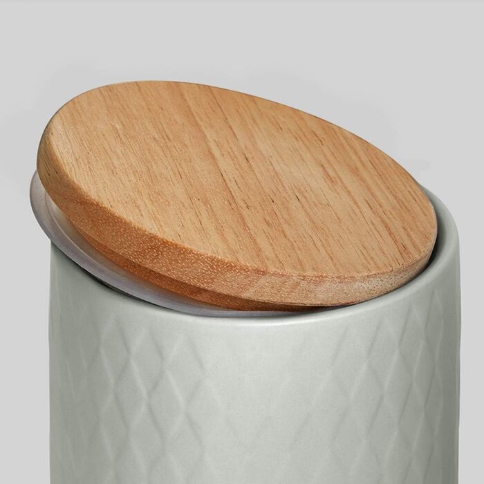 Керамічні банки для зберігання з дерев'яними кришками сірі, гумові дерев'яні кришки, ящики для зберігання, ящики для зберігання продуктів (10,1 x 9,3 см світло-сірі)