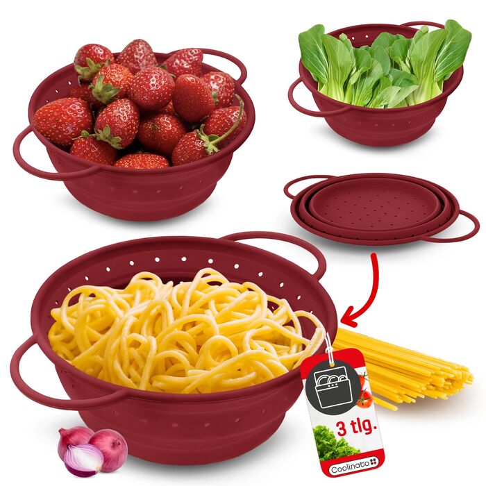 Складаний силіконовий друшляк Сітчасте силіконове сито для пасти, овочів та фруктів Можна мити в посудомийній машині, не містить бісфенолу А та термостійке до 230C Компактний складний друшляк для зливу води (червоний, 16, 20 та 24 см)