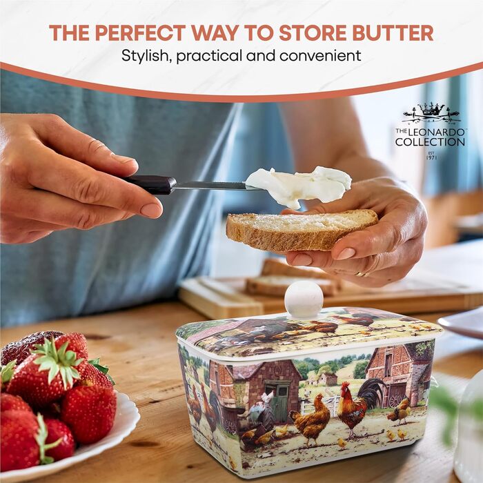 Маслянка з кришкою, китайська кераміка, з гарними акварельними мотивами, розроблена галереєю Дженніфер Роуз для Busy Bee (Півень і Курка)