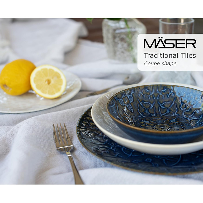 Современный винтажный набор посуды на 2 персоны в мавританском дизайне, обеденный сервиз из 8 предметов с тарелками и мисками из высококачественной керамики, керамогранита, белого цвета в форме купе Белый, 935079 Series Tiles