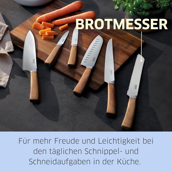 Набір кухонних ножів Kuppels WOOD, 3 предмети ніж шеф-кухаря, ніж універсальний та ніж для овочів з ручкою з акації. Надзвичайно гострий набір ножів з хромо-ванадієвої сталі, професійний набір для овочів та мяса (включає ніж для хліба).