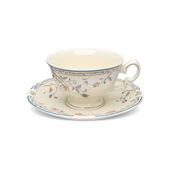 Набір чашок та блюдець Fanquare з вінтажним квітковим візерунком, кістяний фарфор, для еспресо, капучино та кави, з блюдцем та ложкою, подарунок для вечірки (синій)