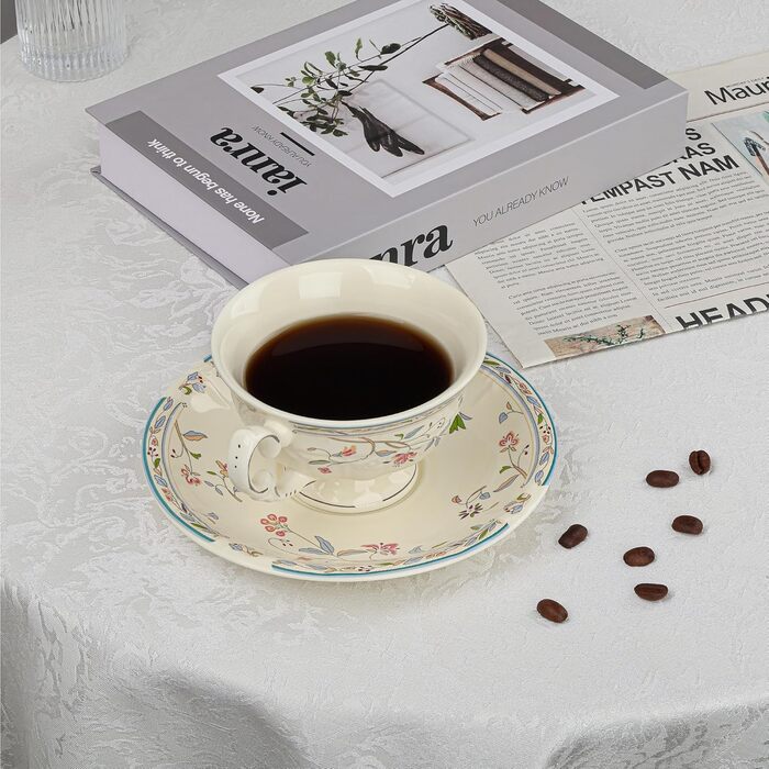 Набір чашок та блюдець Fanquare з вінтажним квітковим візерунком, кістяний фарфор, для еспресо, капучино та кави, з блюдцем та ложкою, подарунок для вечірки (синій)