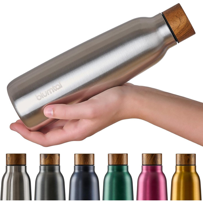 Пляшка для води Blumtal з нержавіючої сталі 500 мл - Герметична ізольована пляшка - Пляшка для води без бісфенолу А для гарячого та холодного використання - Двостінна ізольована пляшка - Ізоляційна пляшка, стійка до іржі, дерево/срібло 24 - дерево/срібло 