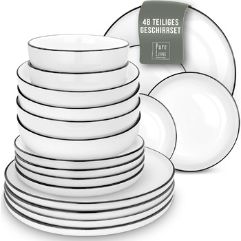 Набор посуды на 6 персон Scandi Style - Фарфор Премиум Белый 18 предметов - Набор посуды для посудомоечной машины и микроволновой печи - Столовый сервиз, набор мисок и тарелок - Стильная посуда, посуда (набор из 48 предметов)