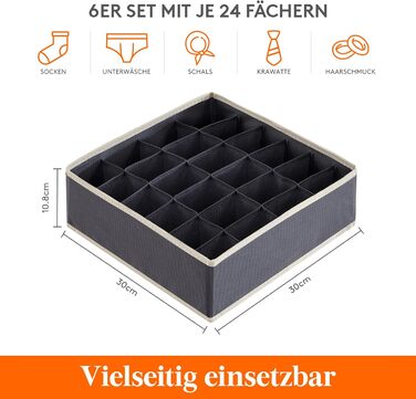 Організатори для шухляд з нижньою білизною Lifewit Pack of Socks, 24 комірки, система організації гардеробу, органайзер для пеленального столу, коробки для зберігання одягу, нижньої білизни, краватки, світло-сірий (сірий, 6)