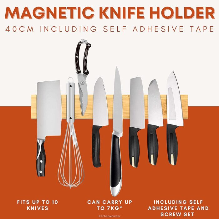 Тримач ножа магнітний, включаючи стрічку, стрічку (3M) і гвинтове кріплення - ножовий блок Магнітний тримач ножів Ножовий блок чорний (бамбук), 40