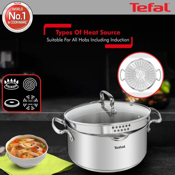 Кастрюля 5 л из нержавеющей стали со стеклянной крышкой 24 см Duetto+ Tefal