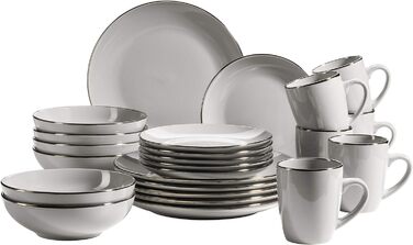 Металевий обід, сучасний набір посуду для 6 осіб з латунним обідком, комбінований набір із 24 предметів із безобідковою формою купе, керамограніт, сірий 24 предмети сірий