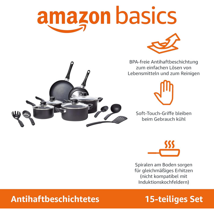 Набір посуду з антипригарним покриттям Kitchen-Profi Basics, 15 предметів, чорний