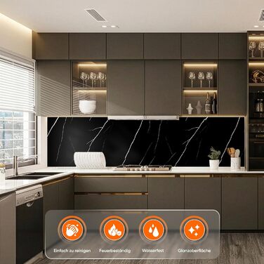 Стінові панелі IZODEKOR під мармур 60x120 см Панель для кухонного фартуха ПВХ-облицювання стін для кухні, ванної кімнати Бризкозахисний екран для кухні Водонепроникний та термостійкий ( панель, чорна блискавка)