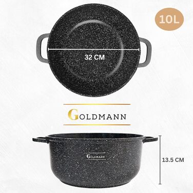 Каструля/горщик GOLDMANN з антипригарним покриттям та скляною кришкою, 6,5 л, мармурове керамічне покриття, для всіх варильних поверхонь, екологічно чиста (32 см)