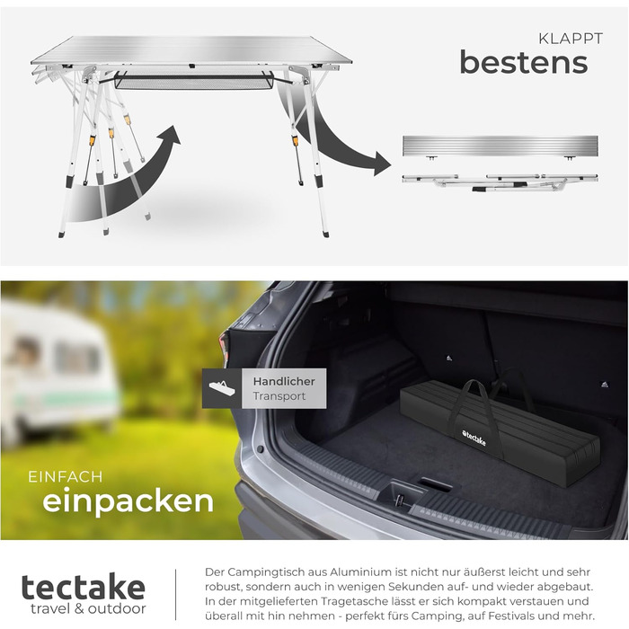 Складной алюминиевый стол для кемпинга 120 x 70,5 см серебряный tectake