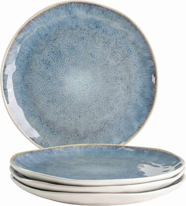 Заморожені, сучасні обідні тарілки з 4 шт. з крапчастою глазур'ю та органічними формами, 4 великі керамічні плоскі обідні тарілки в захоплюючому вінтажному вигляді, керамограніт, синій