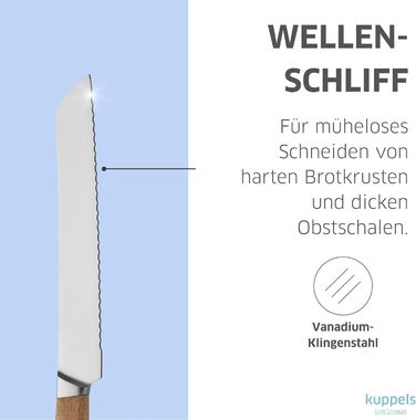 Набір кухонних ножів Kuppels WOOD, 3 предмети ніж шеф-кухаря, ніж універсальний та ніж для овочів з ручкою з акації. Надзвичайно гострий набір ножів з хромо-ванадієвої сталі, професійний набір для овочів та мяса (включає ніж для хліба).