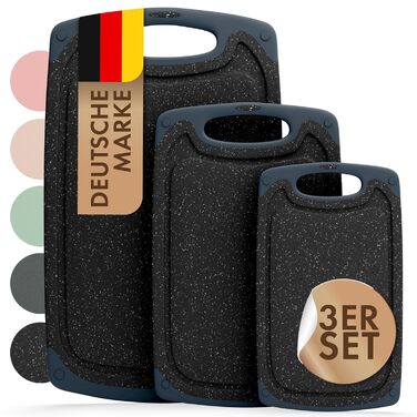 Набір обробних дощок Blumtal 3 розміри (S/M/L) - Велика пластикова обробна дошка з пазами для соку та ручкою - Без бісфенолу А, міцна кухонна обробна дошка, чорна, набір з 3 предметів