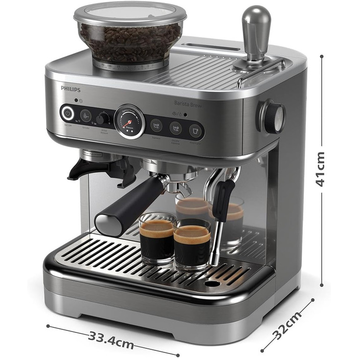 Напівавтоматична еспресо-машина Philips Barista Brew - одинарний та подвійний еспресо кнопка американо, подвійний бункер для зерен 280 г, інтуїтивно зрозумілі інструкції, калібрований тампер (PSA3228/41)