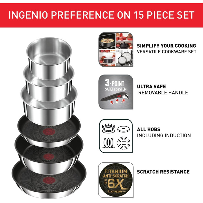 Набір посуду для індукційного приготування Tefal Ingenio Preference On з 15 предметів зі знімною ручкою, що штабелюється, економить місце, з антипригарним покриттям, простий у використанні та чищенні, L97495 Набір посуду для каструль та сковорідок з 15 пр