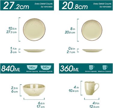 Набір посуду Vancasso на 12 осіб, набір керамічного посуду Navia, комбінований набір із 48 предметів обідні тарілки, салатниці, миски та чашки, вінтажний вигляд, натуральний дизайн (набір із 16 предметів, кремовий)