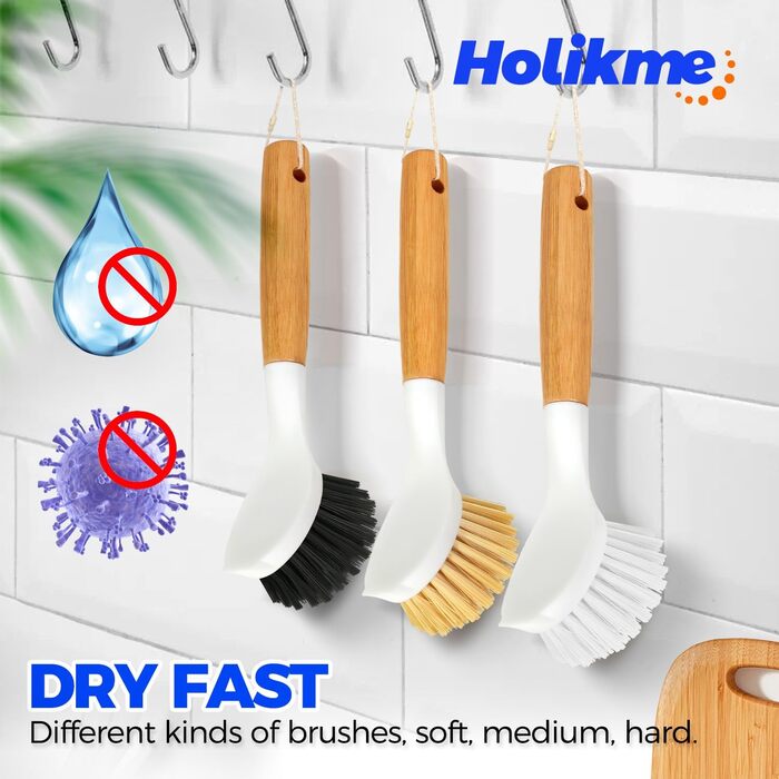 Щітка для посуду з бамбуковою ручкою 3 шт. Holikme