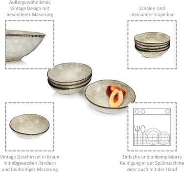Співачка Обідній сервіз Pompei з кераміки, набір посуду з 12 предметів для 4 осіб, набір тарілок вінтажного дизайну. (Набір мисок 4 шт.)