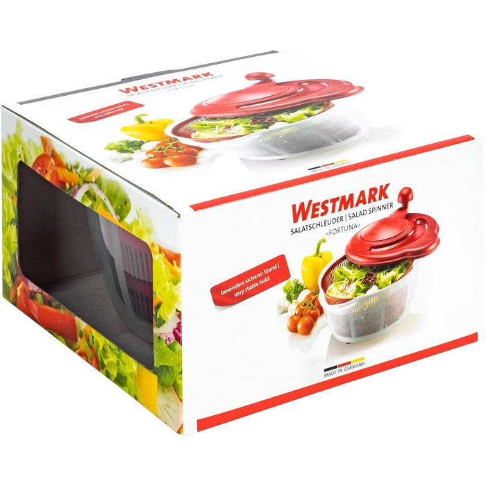 Вертушка для салату Westmark, об'єм 5 л, ø 26 см, пластик, без бісфенолу А, Fortuna, колір прозорий/червоний, 243222E2 (червоний, нековзний)