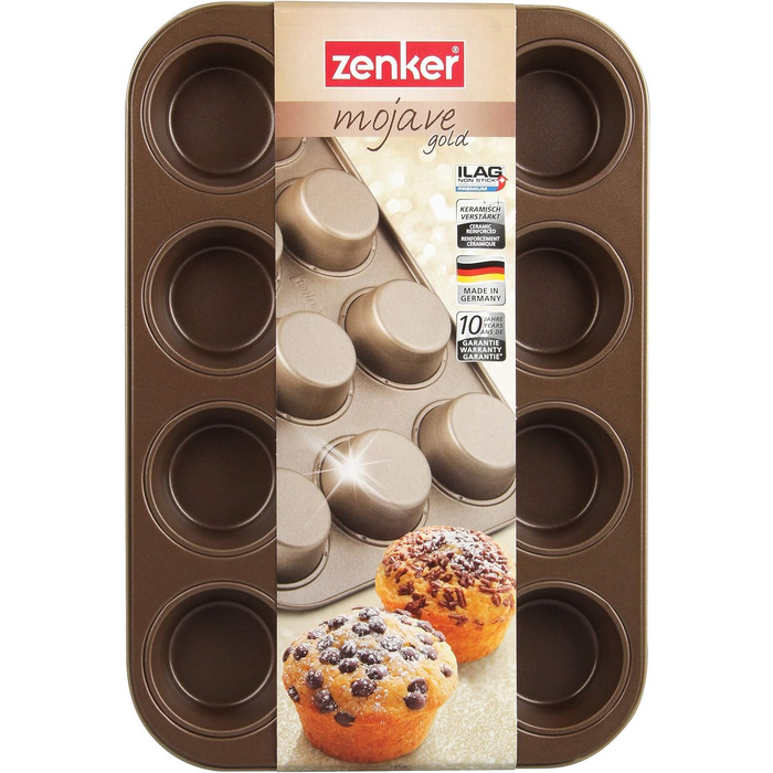 Форма для кексів Zenker 7358 з 12 предметів Ø 7 см MOJAVE GOLD, форма для випікання кексів з листової сталі, деко з армованим керамікою антипригарним покриттям (колір червоне дерево/золото), кількість 38,5 х 26,5 х 3 см