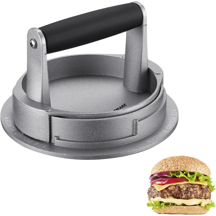 Гамбургерниця Westmark з підйомником - Ø 12 см Прес для бургерів можна наповнити завдяки нижній кривизні підйомника, алюміній/пластик, Uno Plus, (сріблястий/чорний) (Vario, Ø 11 см)