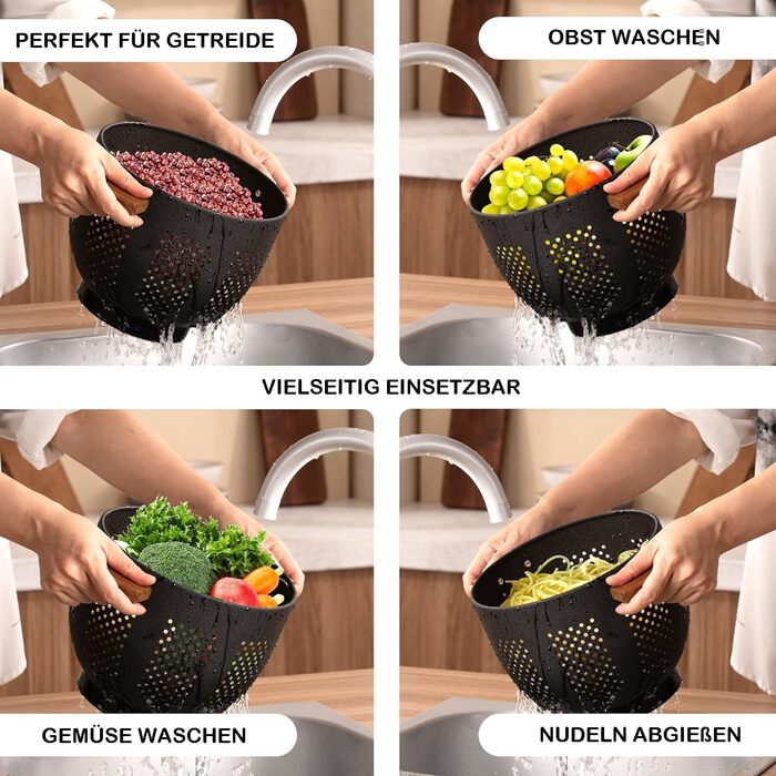 Металеве сито для пасти з дерев&39яною ручкою та стабільною основою, велике кухонне сито 22 см для пасти, овочів та фруктів, міцне кухонне сито (матово-чорне)