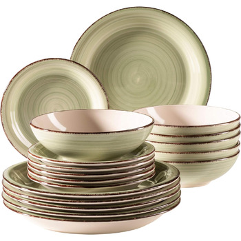 Набор тарелок на 6 персон в современном винтажном стиле, столовый сервиз из 18 предметов, керамическая посуда с ручной росписью, керамогранит, (зеленый), 931875 Bel Tempo II