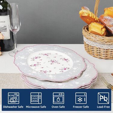 Тарілки для обіду Fanquare з білого порцеляни, набір з 4 шт. , Ø 275 мм, плоскі тарілки, Royal Vintage, рожевий квітковий набір посуду для кейтерингу та домашнього використання, обідні тарілки 10,8 дюйма