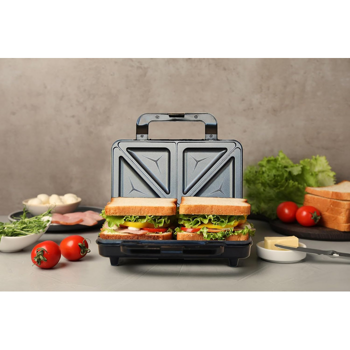 Бутербродниця Bestron XL, тостер для сендвічів з антипригарним покриттям на 2 сендвічі, в т.ч. автоматичний контроль температури та індикатор готовності, 900 Вт, колір чорний/ (бежевий/сатиновий)