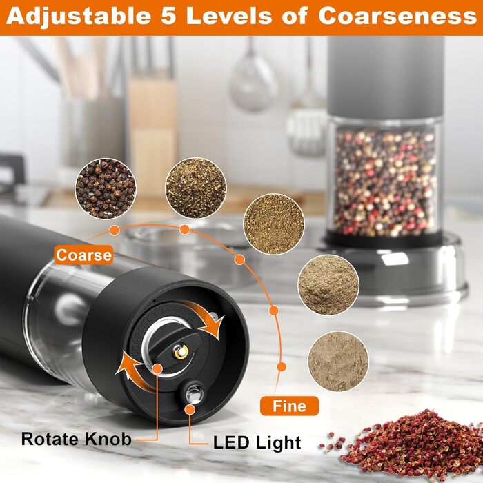 Набір із 2 електричних млинів солі та перцю на підставці, з USB-акумулятором, чорний Cokunst