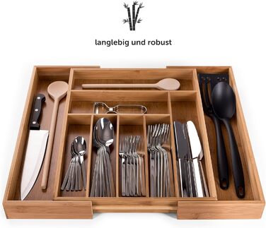 Бамбуковий лоток для столових приборів Blumtal - Регульований роздільник для шухляд для кухні - Органайзер для столових приборів з 7-9 відділеннями - Висувна шухляда для кухонних шухляд - Великий, гнучкий органайзер для столових приборів - 7-9 відділень