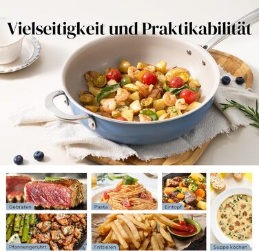 Сковорода Redchef 28 см з кришкою, керамічна сковорода з антипригарним покриттям, індукційна керамічна сковорода з ручкою з нержавіючої сталі, без PTFE, без PFOA, без PFAS, придатна для використання в духовці, придатна для миття в посудомийній машині (син