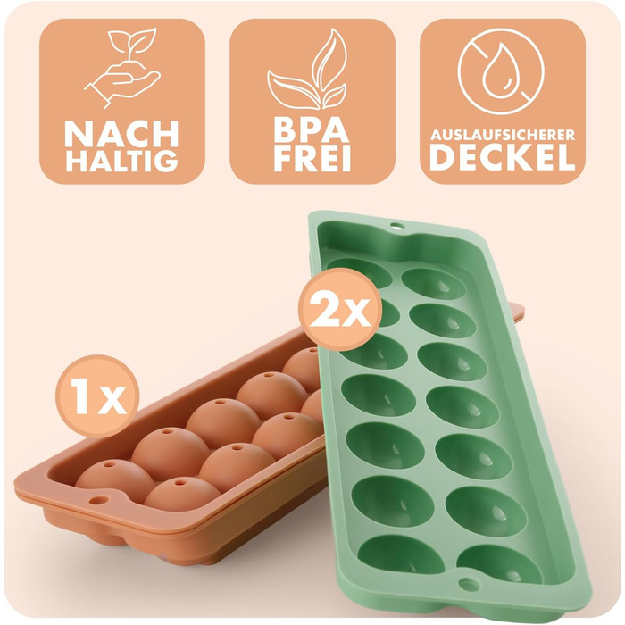 Силіконові формочки для льоду Blumtal, набір з 3 шт. - форма для льоду на 24 кубики з кришкою - силіконова форма для льоду без бісфенолу А - форма для льоду, безпечна для харчових продуктів - сіро-блакитна великі кубики (оливково-зелений червоний, XL сфер