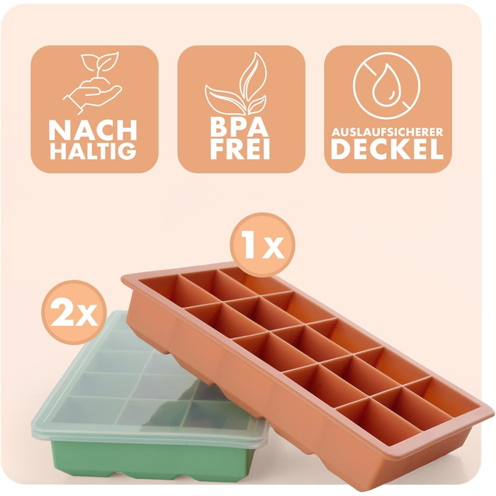 Силіконові формочки для льоду Blumtal, набір з 3 шт. - форма для льоду на 24 кубики з кришкою - силіконова форма для льоду без бісфенолу А - форма для льоду, безпечна для харчових продуктів - сіро-блакитна великі кубики (оливково-зелений червоний, кубики 