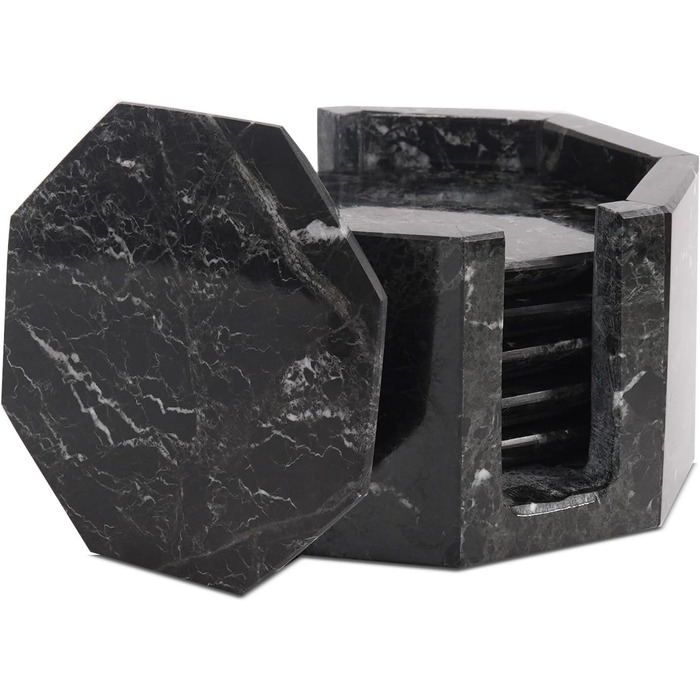 Підставки під чашки з оніксу, 8.9 см, ручної роботи, з підставкою, 6 шт. (Чорні) - для офісу, напоїв, кави, бару та обіднього столу