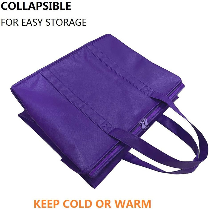 Сумка-холодильник XL на блискавці, багаторазова, зберігає їжу гарячою або холодною, ідеально підходить для прийому їжі, Instacart, ресторани, фіолетова, 2 шт.