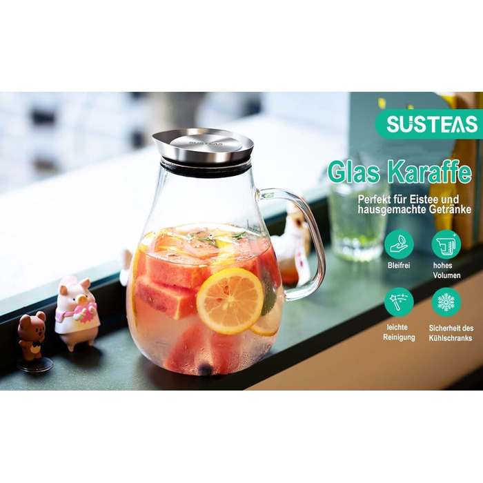 Скляний глечик з кришкою та широкою ручкою 2 л SUSTEAS