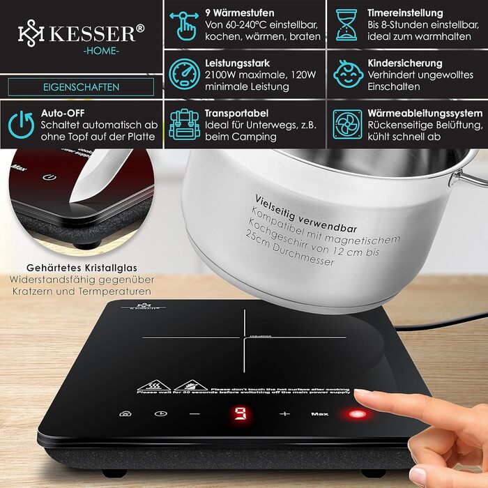 Индукционная плита KESSER Индукционная плита 1 плита 2100 Вт портативная 28 см плита 3 шт. ткань из микрофибры книга рецептов, 9 режимов нагрева, таймер на 8 часов, сенсорное управление, функция бустера 220-240 В конфорки - 1