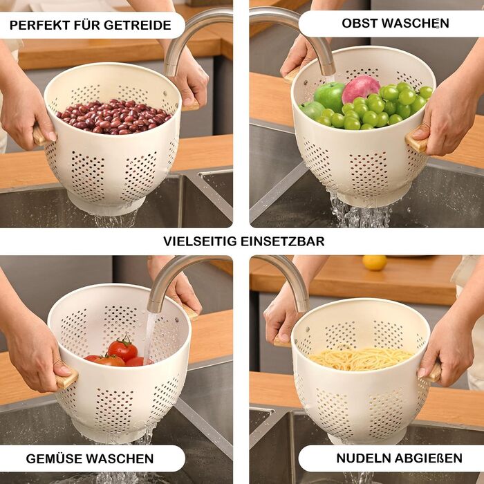 Металеве сито для пасти з дерев&39яною ручкою та стабільною основою, велике кухонне сито 22 см для пасти, овочів та фруктів, міцне кухонне сито (кремового кольору)