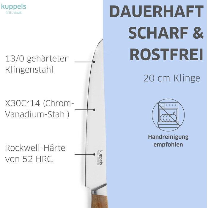 Набір кухонних ножів Kuppels WOOD, 3 предмети ніж шеф-кухаря, ніж універсальний та ніж для овочів з ручкою з акації, надзвичайно гострі кухонні ножі, сталь хром-ванадію, професійний набір ножів для овочів та мяса (мясний ніж)