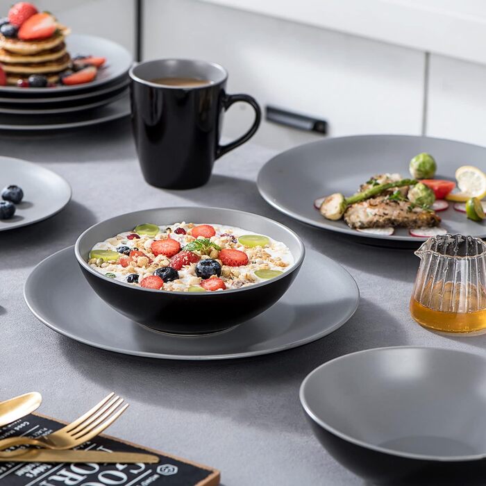 Столовый сервиз из керамогранита, набор посуды vancasso MODA, винтажный внешний вид, комбинированный сервиз из 40 предметов, включающий 8 обеденных тарелок, тарелки для тортов, суповые тарелки, миски и чашки каждая (сервиз Lento светло-серый, сервиз из 32