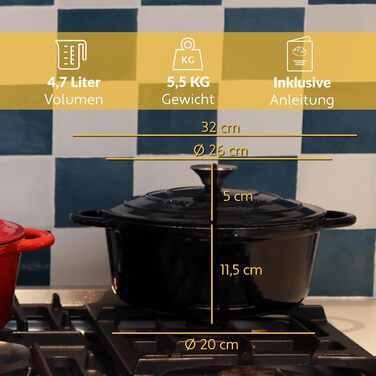 Чавунна каструля Chefarone 24 см, Емальована каструля з кришкою для випікання хліба, тушкування та запікання Хлібна каструля, сумісна з індукцією (чорна, 4,7 л)