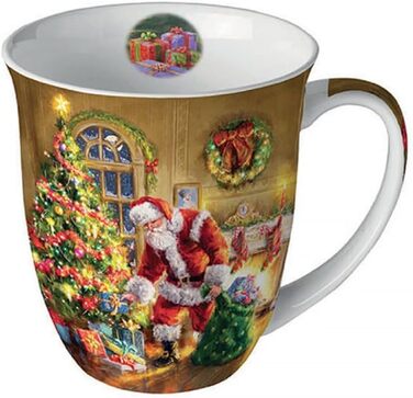Чашка для кави, чашка для чаю, кухоль 0,4 л, чашка з тонкого кістяного фарфору, Різдвяний Різдвяний Різдвяний день (Санта Клаус біля ялинки)