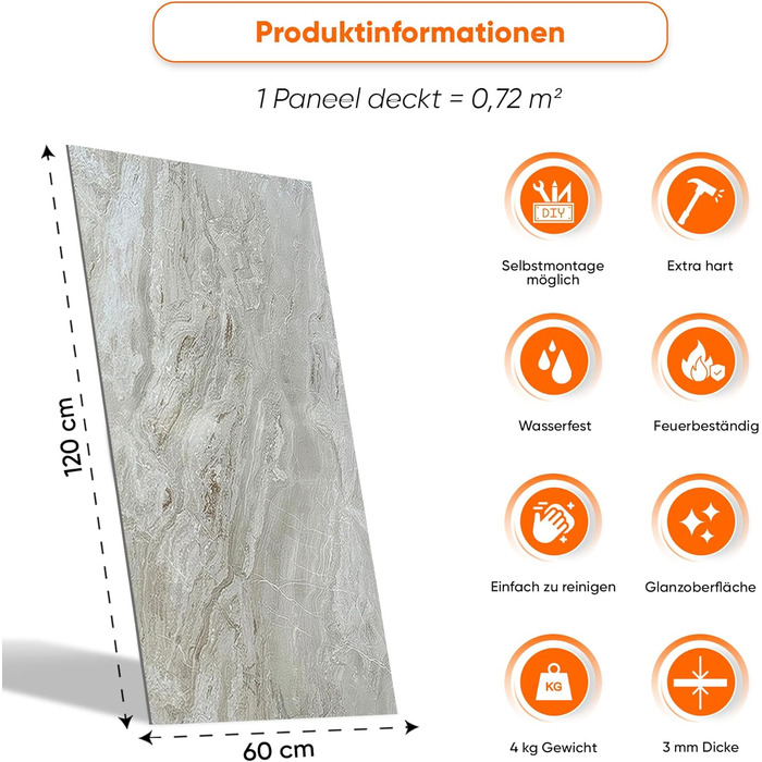 Стінові панелі IZODEKOR під мармур 60x120 см Панель для кухонного фартуха ПВХ-облицювання стін для кухні, ванної кімнати Бризкозахисний екран для кухні Водонепроникний та термостійкий (4 панелі 4 монтажних клею, Mars Bubble)