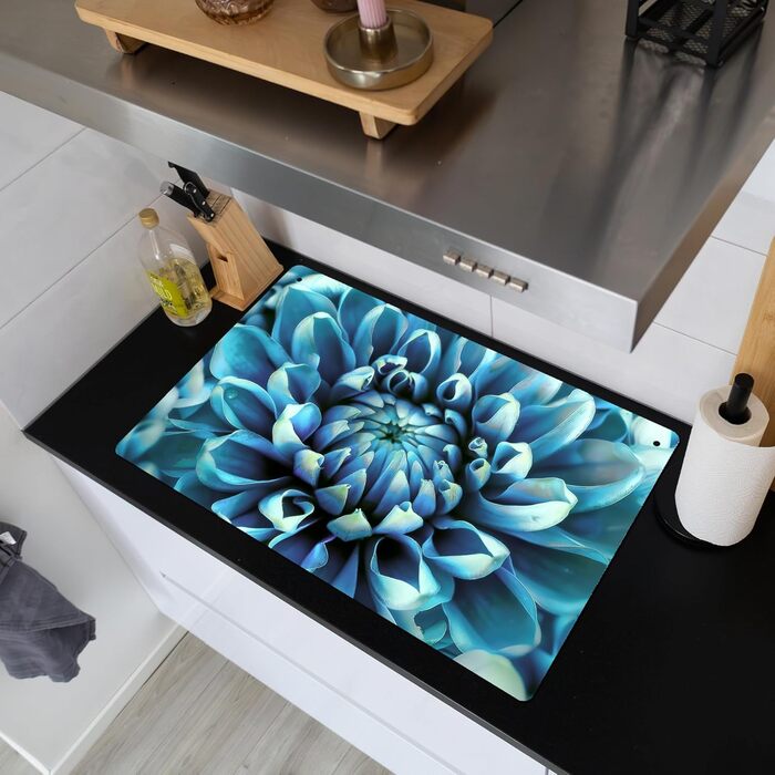 Фартух для плити, кухонний фартух, вініл, 78x52 см, декор для кухні, облицювання стіни, кришка для плити - сіро-чорний (синій - жоржина, 52,7Д x 81,6Ш см)