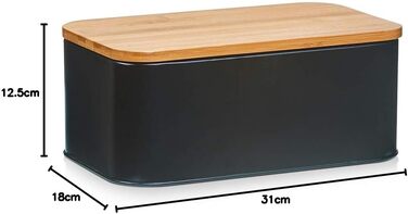 Хлібниця Zeller 25377 з бамбуковою кришкою, металева, матова, приблизно 42,5 x 23 x 13 см, хлібниця з вентиляційними отворами, для зберігання хліба, прямокутний контейнер для хліба, проста хлібниця в сучасному дизайні (чорна, 31 x 18 x 12,5 см)